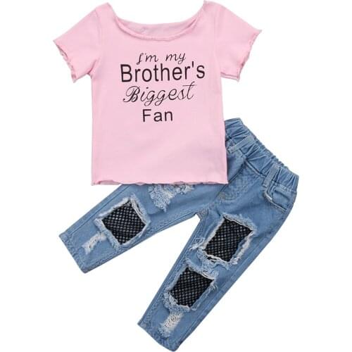 Kids Baby Girls Clothes Set Summer Short Sleeve Pink Letter T shirt Tops Mesh Ripped Jeans Girl Clothing Cute 2pcs Outfits