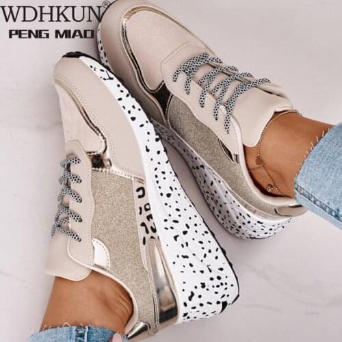 Womens Sneakers Platform Casual Shoes Women Vulcanize Shoes Leopard Ladies Running Shoes Sport Silver Lace-Up Female Sneakers