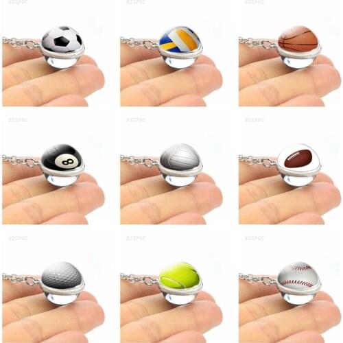 World Cup Sports Series Soccer Baseball Tennis Double Side Glass Ball Necklace Sphere Crystal Chains Necklace Fashion Jewelry