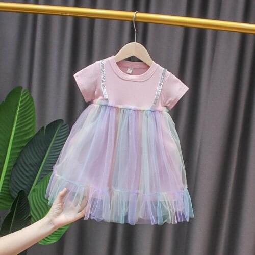 Sweet Summer Girls Kids Princess Dress Children Baby Infants Short Sleeve Pastel Mesh Faux Two Piece Dresses Vestidos S12264