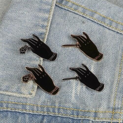 Fashion Black Witch Hands Brooches Punk Gothic Creative Enamel Pins Rose Knife Dagger Badges Denim Jackets Jewelry For Men Women