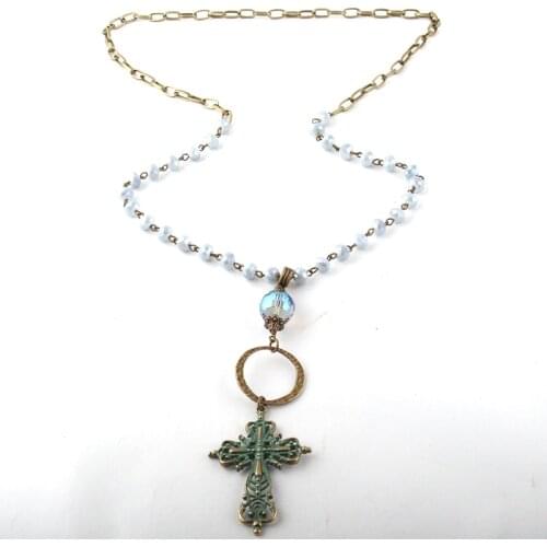 Fashion Jewelry Glass Crystal Rosary Chain Long Chain Metal Cross Pendant Necklaces For Women Ethnic Necklace