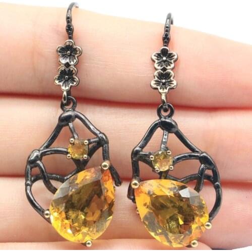 45x18mm Neo-Gothic Jewelry Set 8.5g Drop Created Golden Citrine For Women Gift Black Gold Silver Earrings Pendant