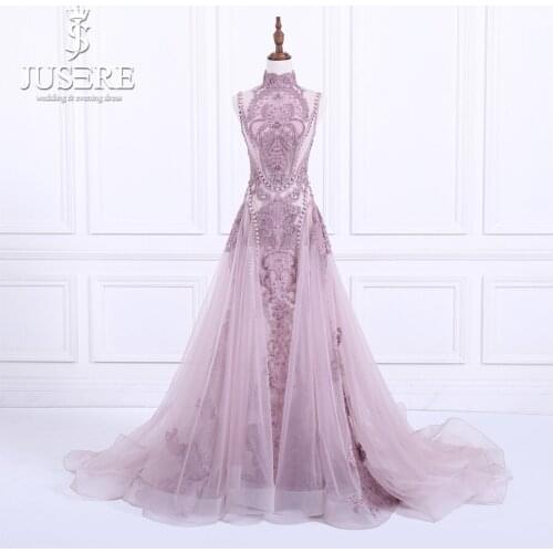 Jusere 2018 New Elegant A-Line See Through High Neck Embroidered Pearls Illusion Floor-Length Evening Dresses Prom Party Gown
