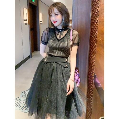 New - small perspective on yarn sleeve knit + white gauze of tall waist skirt suits summer new female