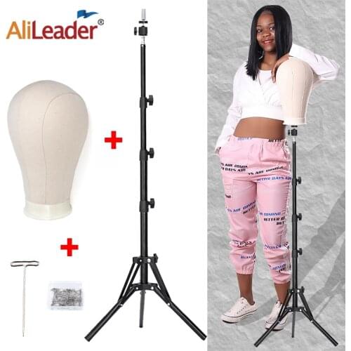 Alileader New 125Cm/60Cm Wig Stand Wig Tripod With Mannequin Canvas Block Head Adjustable Tripod Stand Wig Making kit TPins Gift