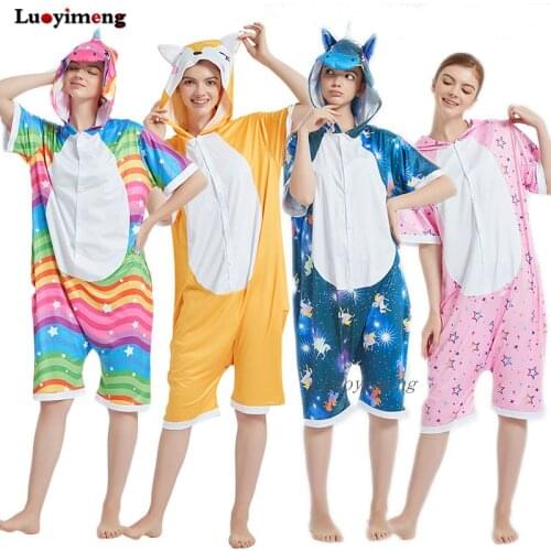 Unisex Kigurumi Summer Onesie Animal Unicorn Pajamas Anime Sleepwear Cat Milk Silk Jumpsuit Pijamas for Adults Pyjama Homewear