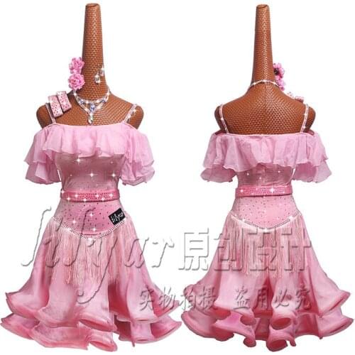 Latin Dance Competition Dresses, Performing Dresses, Art Examination , Show-shouldered Flat Collar Pink Fishbone Curling Skirt
