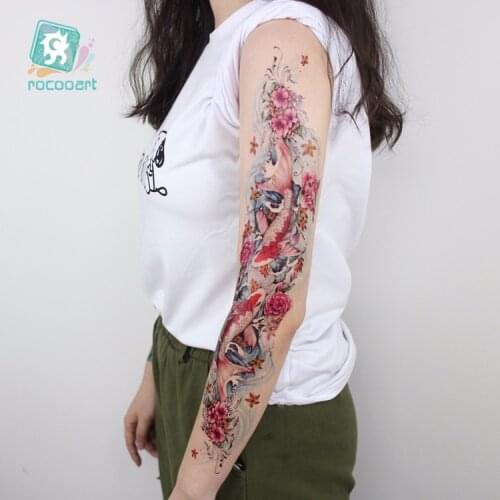 Full Arm sleeve Tattoo Sticker Extra Large Arm Temporary Tattoos Full Fish Lotus Pool by Moonlight Body Art Women Tattoo Sticker