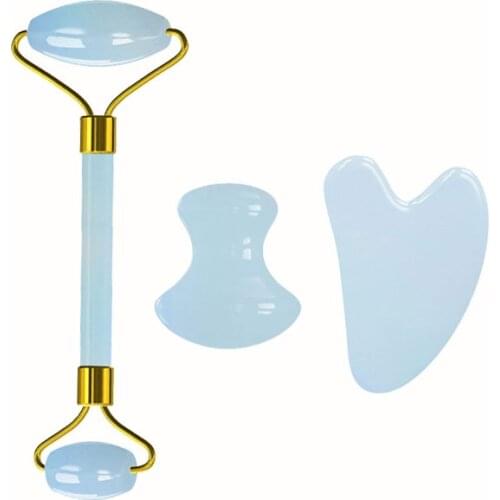 Natural Opalite Jade Roller & Gua Sha Tool Set Face Massage Care Tool Gift Boxes Opal Facial Massage Roller Gouache Scraper Set