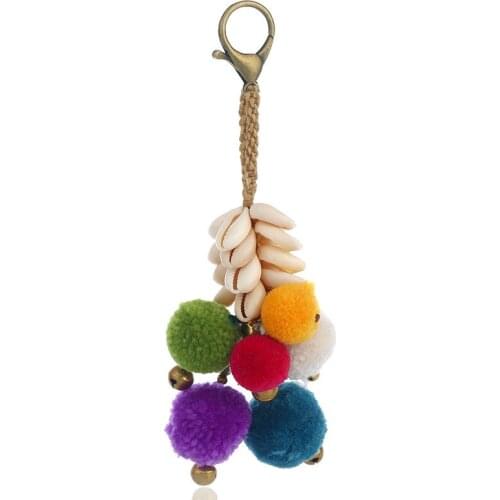 Shell Hairball Key Chain Bow Chain Tassel Key Ring Women Bag Car Pendant Jewelry Gifts Copper Bell Trinket Boho Jewelry