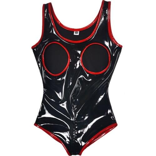 Sexy Latex PVC Shiny High Cut Bodysuit One Piece Thong Open Crotch Hollow Out Sexy Tight Bandage Leotard Sexy Wear F60