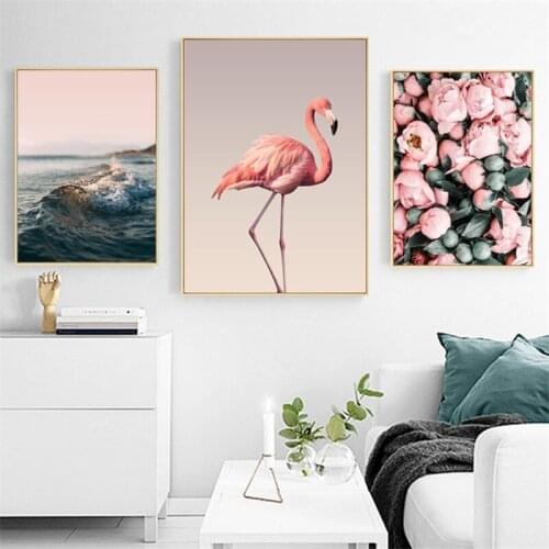 Nordic Canvas Painting Flamingo and Flowers Seascape Living Room Printable Picture Wall Art Bedroom Home Decor Painting No Frame