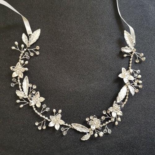 SLBRIDAL Handmade Silver Color Crystal Rhinestones Pearls Flower Leaf Wedding Hair Vine Bridal Hair Accessories Women Jewelry