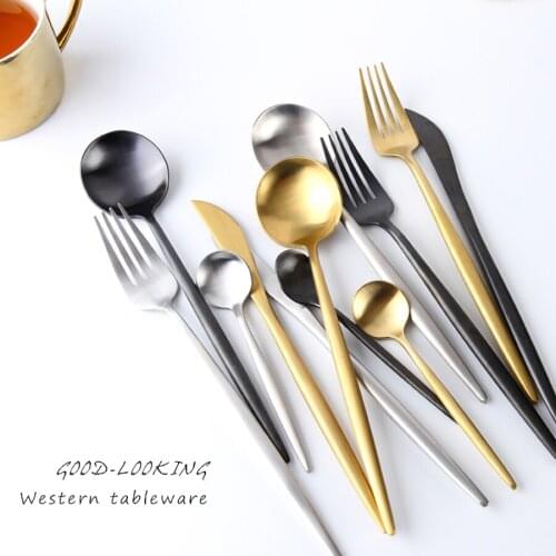 Stainless Steel Flatware Dinner Spoon Talher Rose Gold Black Flatware Stainless Steel Cutlery Kitchen Knives Set Home 50F021