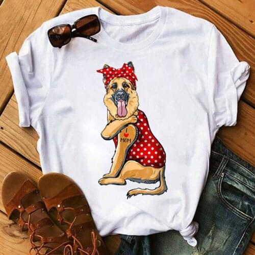 Funny Women T Shirt Red Scarf Dog Printed Tops Dog Mom T Shirt I Love Mom Tee Shirts Female Summer Graphic T-shirt Women T-shirt