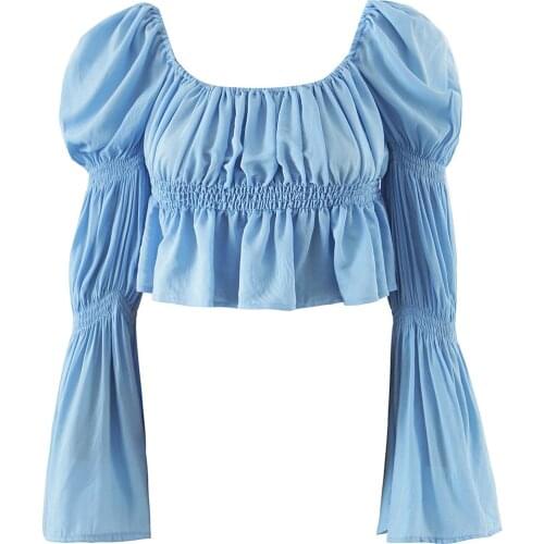 Summer T-Shirts Women 2021 Long Sleeve Puff Flare Elastic Bust New Hot Fashion Casual Streetwear Female Blouse Crop Top C2829