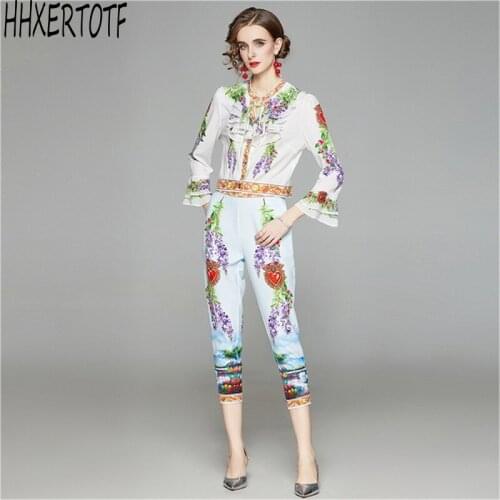 2021 summer Fashion Runway 2 pieces Sets Womens Lotus leaf lace flared sleeve printed shirt tops+ Printed pants Suit