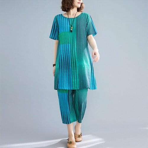 Cotton Vintage Casual 2 Two Piece Set Loose Long Gradient Print Fashion Women Green Summer T-shirt 2021 Ladies Tops With Pants