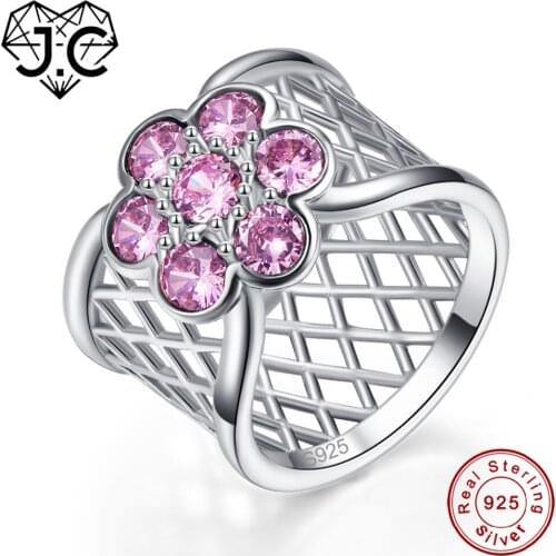 J.C Flower Design Round Garnet & Pink Topaz Real 925 Sterling Silver Ring Size 6 7 8 9 Women Bridal Wedding Party Fine Jewelry