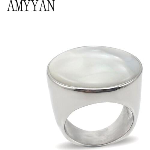 Silver color 316L stainless steel product add mother of pearl women ring fashion bezel setting wide interface jewelry