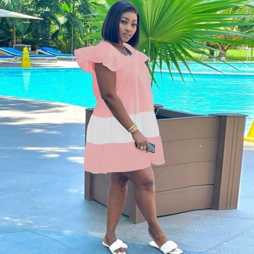 Ladies Casual Color Block Loose Mini Dress Women Fashion Ruffle Sleeve Round Neck Print Dresses Female Elegant Clubwear Vestidos