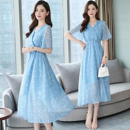 2020 Blue Beach Dress Women Summer Seaside Holiday Long Chiffon Dresses Female Temperament V-neck Printed Vestidos Mujer A959