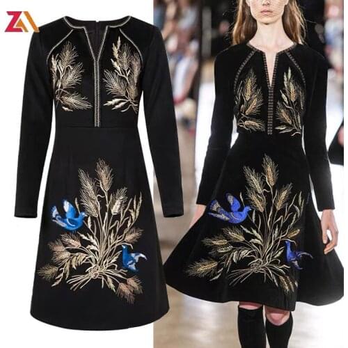 ZALady vintage black embroidery midi dress autumn spring long sleeve lace up woman clothing chic party runway dresses robe traf