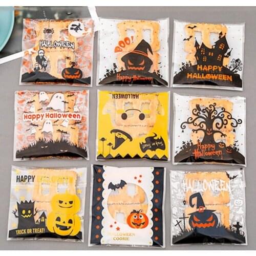 100pcs Halloween Candy Biscuit Bag Self Adhesive Party Cartoon Clear Treat Bags