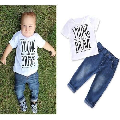 2PCS/1-6Years/Spring Summer Toddler Boy Clothing White Short Sleeve Baby T-shirt+Jeans Kids Costume Children Clothing Set BC1128