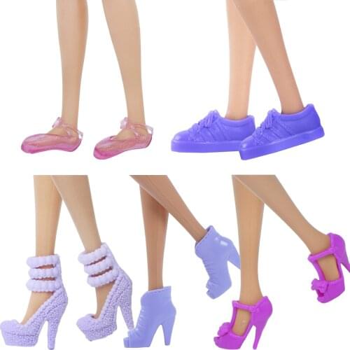 5 Pairs High Quality Purple Shoes Mix Style Summer Wear High Heels Flat Sandals Accessories Shoes for Barbie Doll DIY House Toy