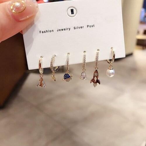Fashion Aircraft Universe Star Hoop Earring Sets 6-piece Micro Cubic Zircon Earrings Sets For Women Jewelry S-E1116
