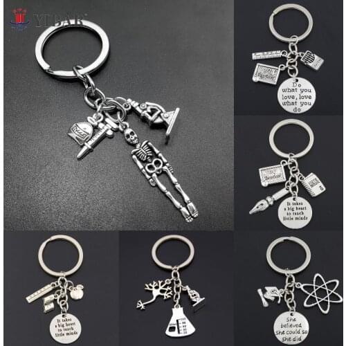 Teacher Keychains Ruler Apple Keyring Key Ring Jewelry For Teachers Day Gift