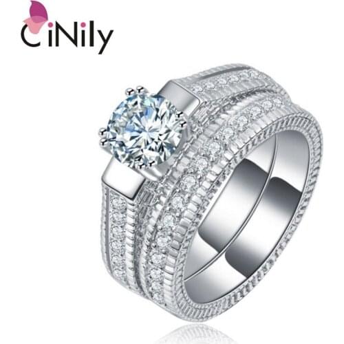 CiNily 2pcs / Set Created White Stone Cubic Zirconia Silver Plated Wholesale Jewelry for Women Wedding Ring Size 7-9 NJ35