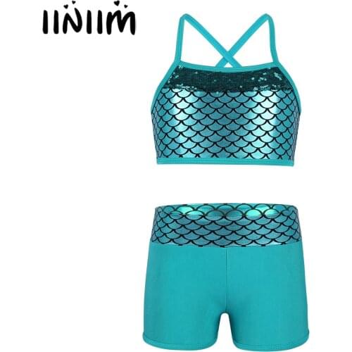 Kids Girls Ballerina Tutu Costumes Sequins Mermaid Scales Printed Tank Top with Bottoms Teen Ballet Dancing Gymnastics Leotard