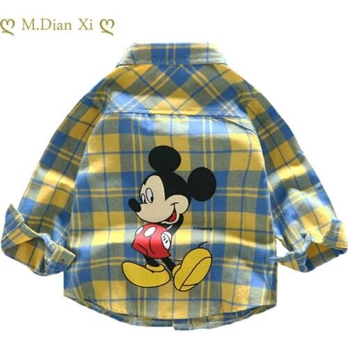 Baby Boys Cartoon Mickey Long Sleeves T-shirt Clothes Infant Kids Fashion Cotton Plaid Shirt Tops Children Boys Tee Clothing 0-4