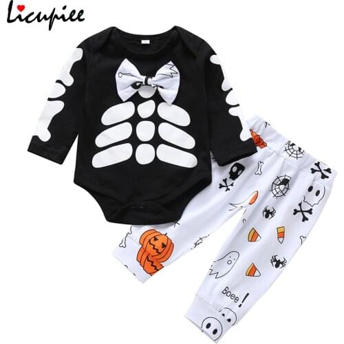 0-24 Months Babys Sets Casual Babies Halloween Two-piece Clothes Set, Black Long Sleeve Romper and Printed Pattern Trousers