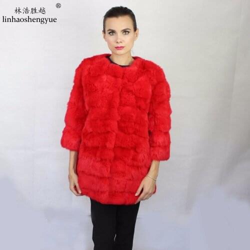 Linhaoshengyue Senior Rabbit Raccoon Fur Collar Seven Sleeve Long Coat