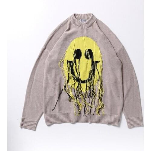 Smiley Tassel Retro Pullover Sweaters Mens and Womens Japanese Round Neck Oversize Casual Autumn Sweater Knit Loose Hip Hop Tops