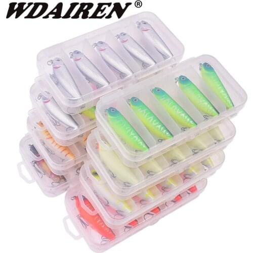 5Pcs/Lot Mixed Colors Pencil Fishing Lure Set Floating Crankbait Wobblers With Bait Box Walk The Dog I-Shaped Action For Bass