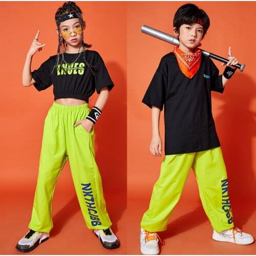 Girls Clothes Jazz Dance Costume For Boys Black Top Fluorescent Green Pants Overalls Ballroom Dance Cloting Festival Wear XS2544