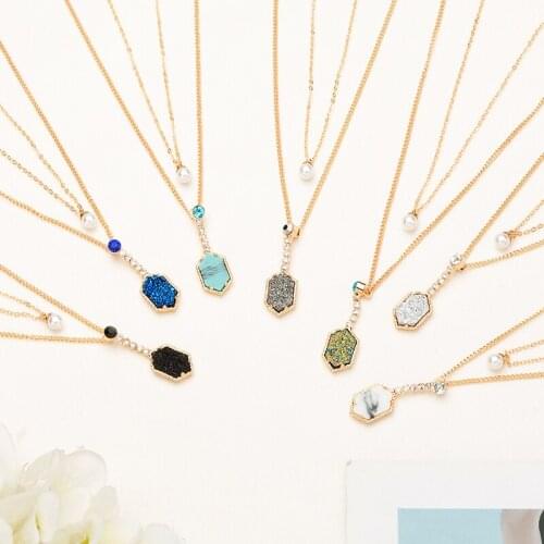 Double Horn Pendant Crystal & pearl Pendant Necklace colorful stone Choker Necklace Fashion Gold Jewelry Accessories Drop shippi