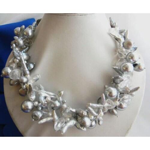 2017 2Strands 18'' 14mm Shell Pearl Gray Baroque Freshwater Pearl Crystal Necklace