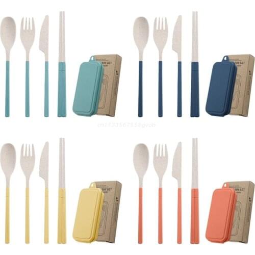 Portable Foldable Cutlery Set Wheat Straw Tableware Spoon Knife Fork Chopsticks Outdoor Camping Dinnerware Kitchen Dropship
