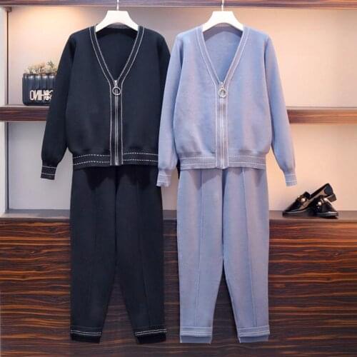 Plus size Knit Womens Sets Winter women sweater Pants suit 2 piece set V-neck knit sweater Knit pants 2 piece outfits for women