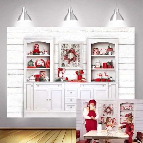 Christmas kitchen Backdrop for Photography Cupboard Red Kitchenware Winter Family Portrait Photo Background White Wall Photocall
