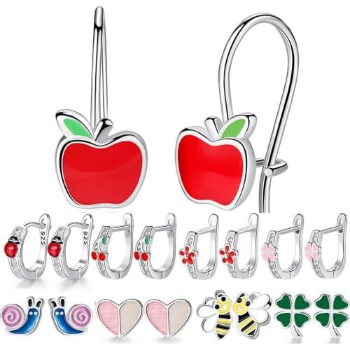 Fashion 925 Sterling Silver Clover Heart Ladybug Apple Stud Earrings with Zircon Kids Earring for Children Girls Jewelry Brincos
