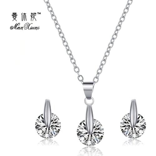 Manxiuni Fashion Bling Round CZ Crystal Water Drop Earrings&Necklace Sets For Women Party Gifts In Jewelry Set JX3025