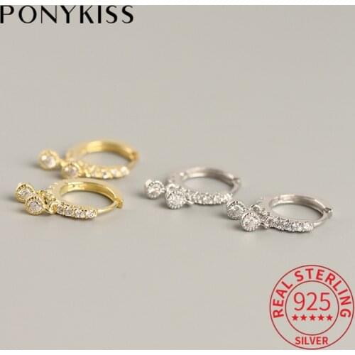 PONYKISS Real 925 Sterling Silver Delicate Zircon Teardrop Geometric Hoop Earrings Women Party Fashion Elegant Accessory Gift
