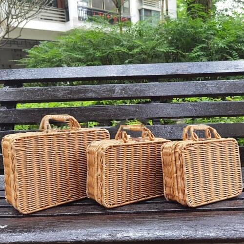 Vintage Rattan Suitcase Seagrass Baskets Wicker Artificial Wooden Woven Leather Look Strap Lock Organizer Storage